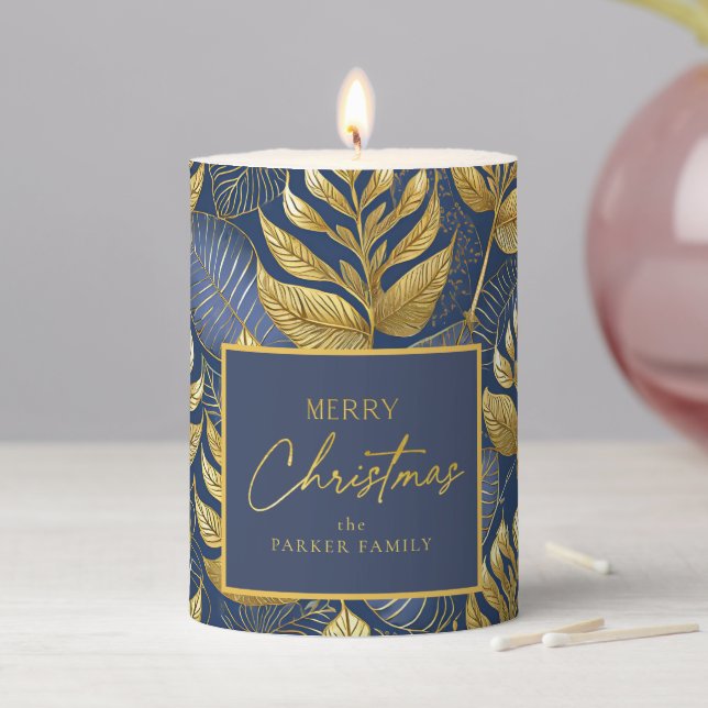 Blue Gold Christmas Pattern#29 ID1009 Pillar Candle (In Situ)