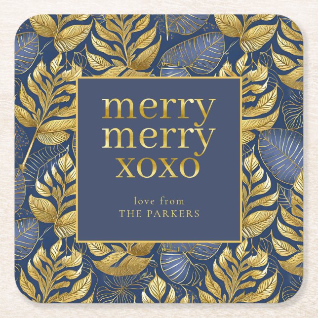 Blue Gold Christmas Pattern#29 ID1009 Square Paper Coaster (Front)
