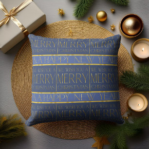 Blue Gold Christmas Pattern#35b ID1009 Throw Pillow