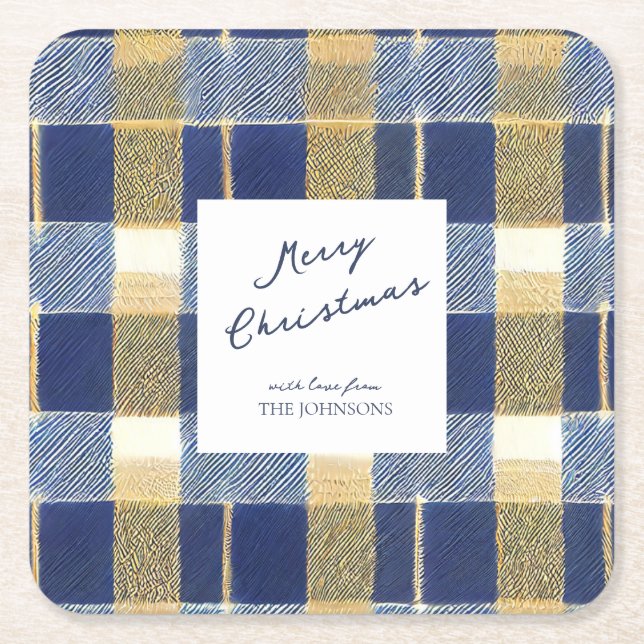 Blue Gold Christmas Pattern#7 ID1009 Square Paper Coaster (Front)