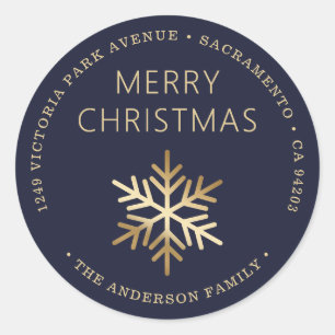 Blue Gold Christmas Snowflake Return Address Classic Round Sticker