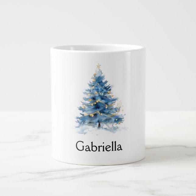 Blue Gold Christmas Tree Name Giant Coffee Mug (Front)