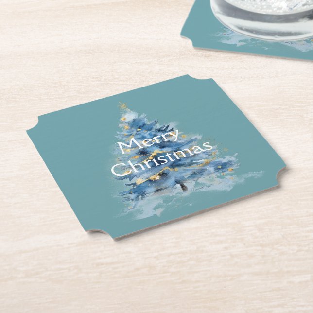 Blue Gold Christmas Tree Paper Coaster (Angled)