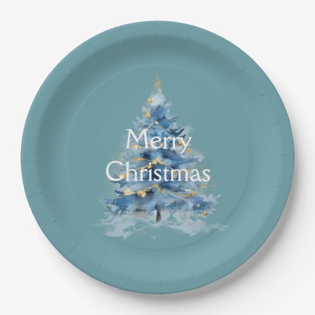 Blue Gold Christmas Tree Paper Plates (Front)