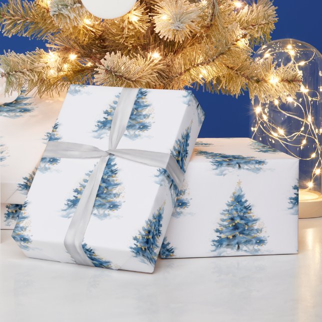 Blue Gold Christmas Trees Wrapping Paper (Holidays)