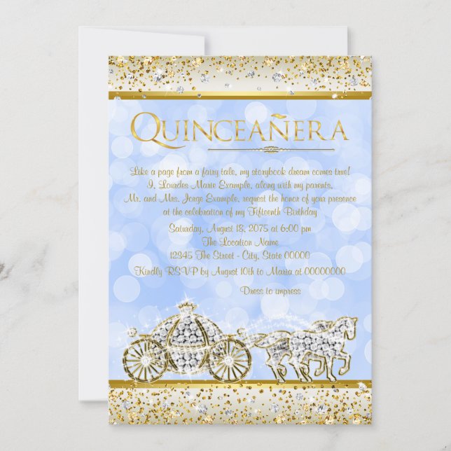 Blue Gold Cinderella Princess Quinceanera Invitation (Front)