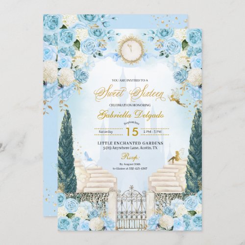 Blue  Gold Cinderella Princess Sweet Sixteen Invitation