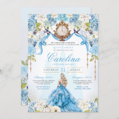 Blue Gold Cinderella Quinceanera Luxury Birthday Invitation