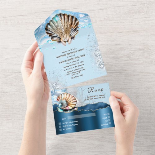 Blue gold clam shell ocean waves glitter glam all in one invitation