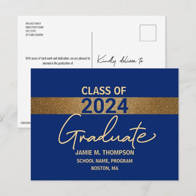 Blue Gold Class of 2024 Graduation announcement  Postcard (Front/Back)