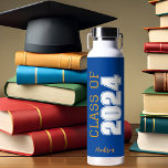 Blue Gold Class of 2024 Personalized Graduation Water Bottle<br><div class="desc">This classic blue custom senior graduate water bottle features bold gold and white typography reading class of 2024 in varsity letters for a high school or college graduation party keepsake gift. Customize with your name in elegant cursive cript underneath for a great commemorative favor.</div>