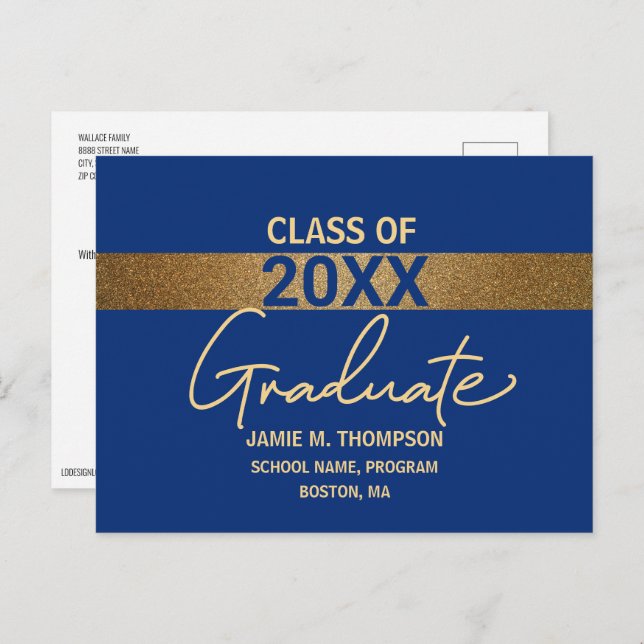 Blue Gold Class of YEAR Graduation announcement  Postcard (Front/Back)