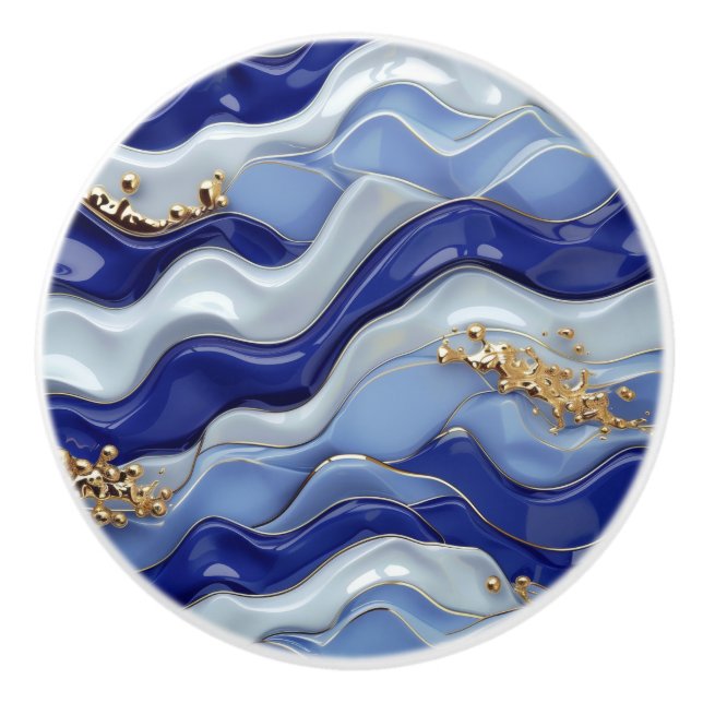 Blue Gold Coastal Beach Nautical Waves Ceramic Knob (Front)