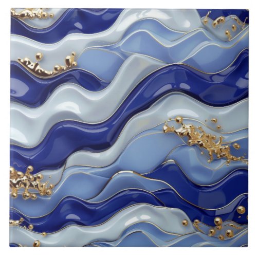 Blue Gold Coastal Beach Nautical Waves Ceramic Tile