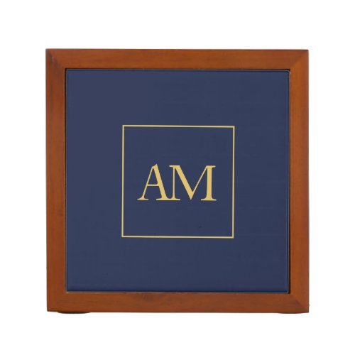Blue Gold Colors Monogram Initial Letters Desk Organizer