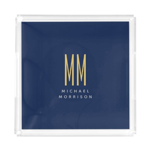 Blue Gold Colors Monogram Initial Letters Name Acrylic Tray