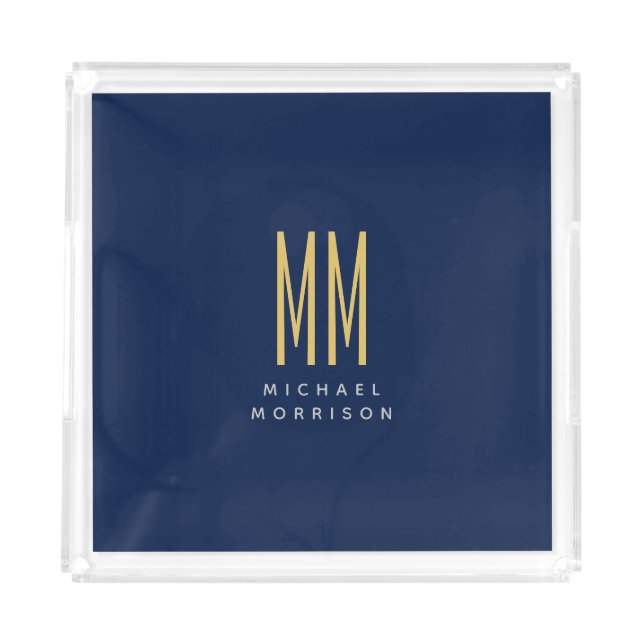 Blue Gold Colors Monogram Initial Letters Name Acrylic Tray (Front)