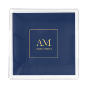 Blue Gold Colors Monogram Initial Letters Name Acrylic Tray
