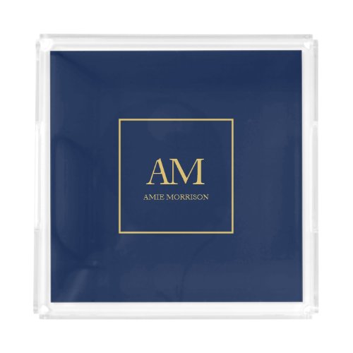 Blue Gold Colors Monogram Initial Letters Name Acrylic Tray