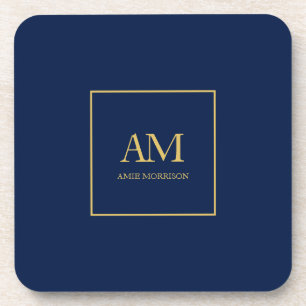 Blue Gold Colors Monogram Initial Letters Name Beverage Coaster