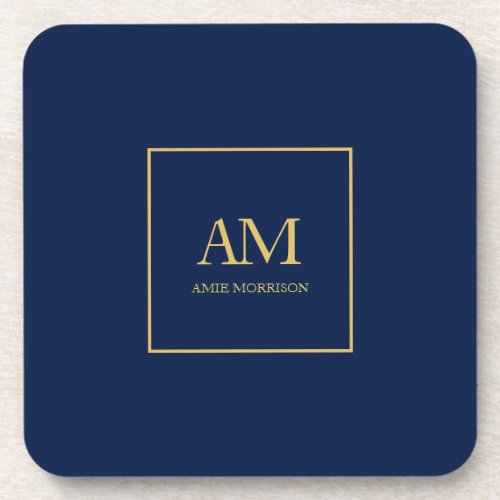 Blue Gold Colors Monogram Initial Letters Name Beverage Coaster