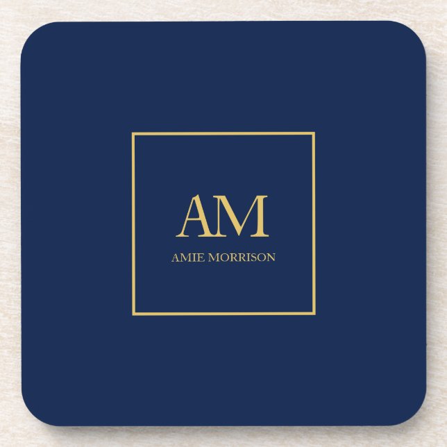 Blue Gold Colors Monogram Initial Letters Name Beverage Coaster (Front)
