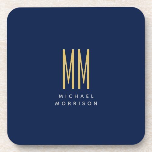 Blue Gold Colors Monogram Initial Letters Name Beverage Coaster