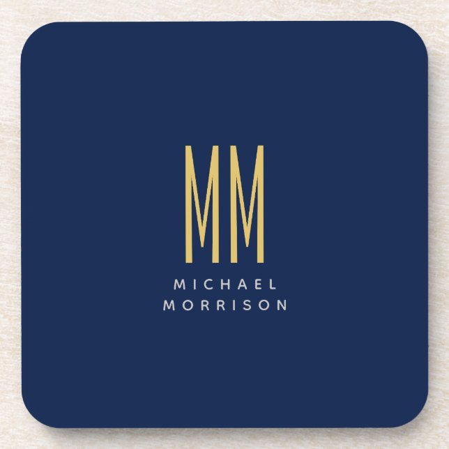Blue Gold Colors Monogram Initial Letters Name Beverage Coaster (Front)