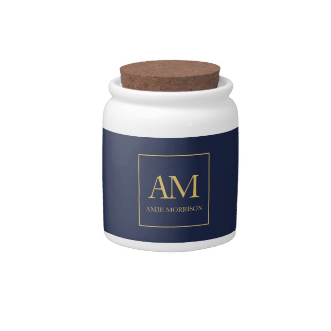Blue Gold Colors Monogram Initial Letters Name Candy Jar (Front)