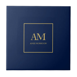 Blue Gold Colors Monogram Initial Letters Name Ceramic Tile
