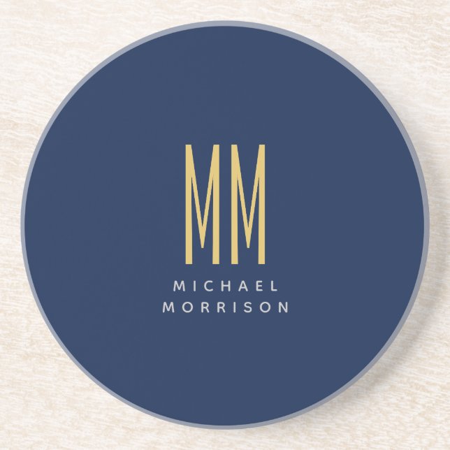 Blue Gold Colors Monogram Initial Letters Name Coaster (Front)