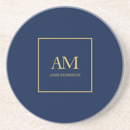Blue Gold Colors Monogram Initial Letters Name Coaster