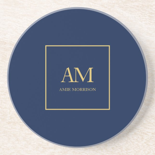 Blue Gold Colors Monogram Initial Letters Name Coaster (Front)