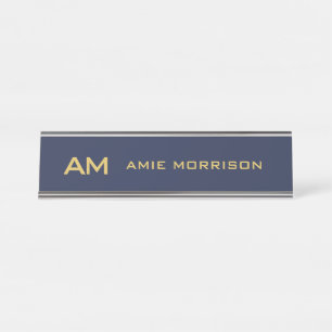 Blue Gold Colors Monogram Initial Letters Name Desk Name Plate