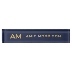Blue Gold Colors Monogram Initial Letters Name Desk Name Plate