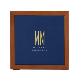 Blue Gold Colors Monogram Initial Letters Name Desk Organizer