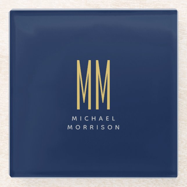 Blue Gold Colors Monogram Initial Letters Name Glass Coaster (Front)