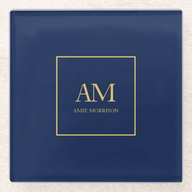 Blue Gold Colors Monogram Initial Letters Name Glass Coaster (Front)