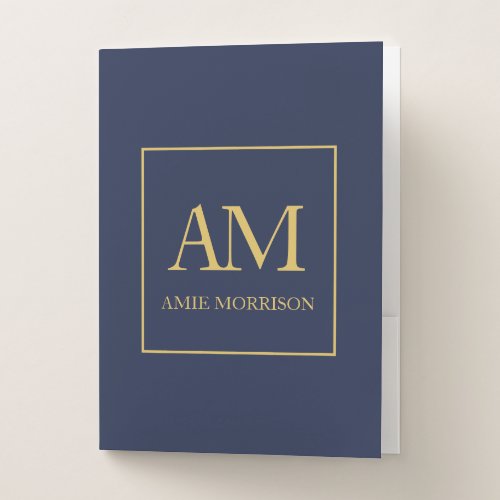 Blue Gold Colors Monogram Initial Letters Name Pocket Folder