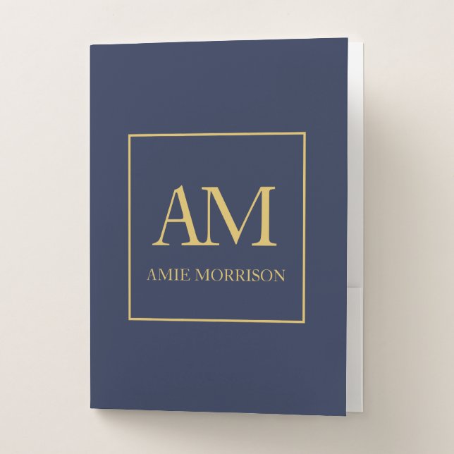 Blue Gold Colors Monogram Initial Letters Name Pocket Folder (Front)