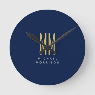 Blue Gold Colors Monogram Initial Letters Name Round Clock