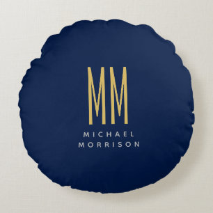 Blue Gold Colors Monogram Initial Letters Name Round Pillow