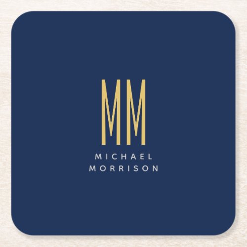 Blue Gold Colors Monogram Initial Letters Name Square Paper Coaster