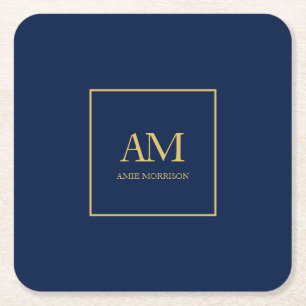 Blue Gold Colors Monogram Initial Letters Name Square Paper Coaster