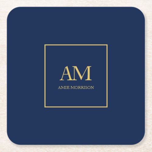 Blue Gold Colors Monogram Initial Letters Name Square Paper Coaster