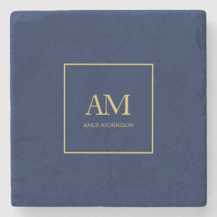 Blue Gold Colors Monogram Initial Letters Name Stone Coaster