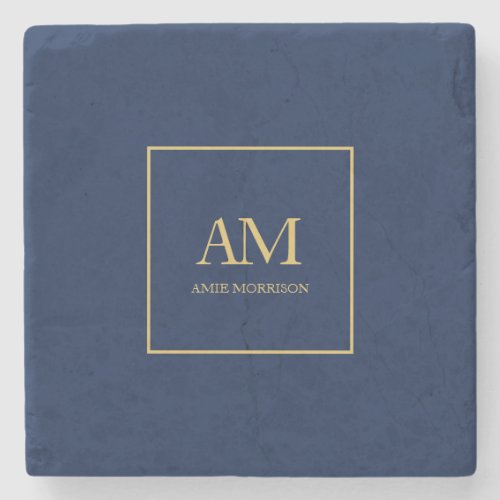 Blue Gold Colors Monogram Initial Letters Name Stone Coaster
