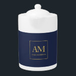 Blue Gold Colors Monogram Initial Letters Name Teapot<br><div class="desc">Represent yourself with this modern,  elegant design. This template can be customized to meet all professional occupations.</div>