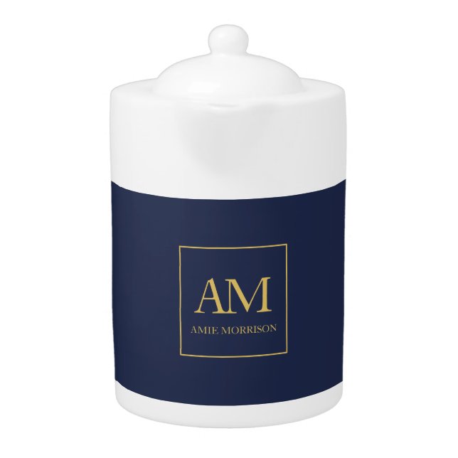 Blue Gold Colors Monogram Initial Letters Name Teapot (Front)