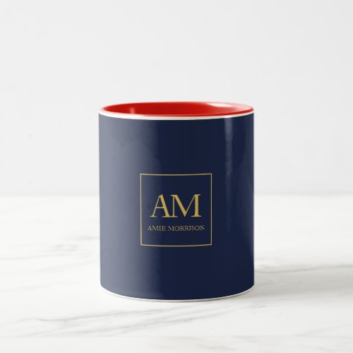 Blue Gold Colors Monogram Initial Letters Name Two_Tone Coffee Mug